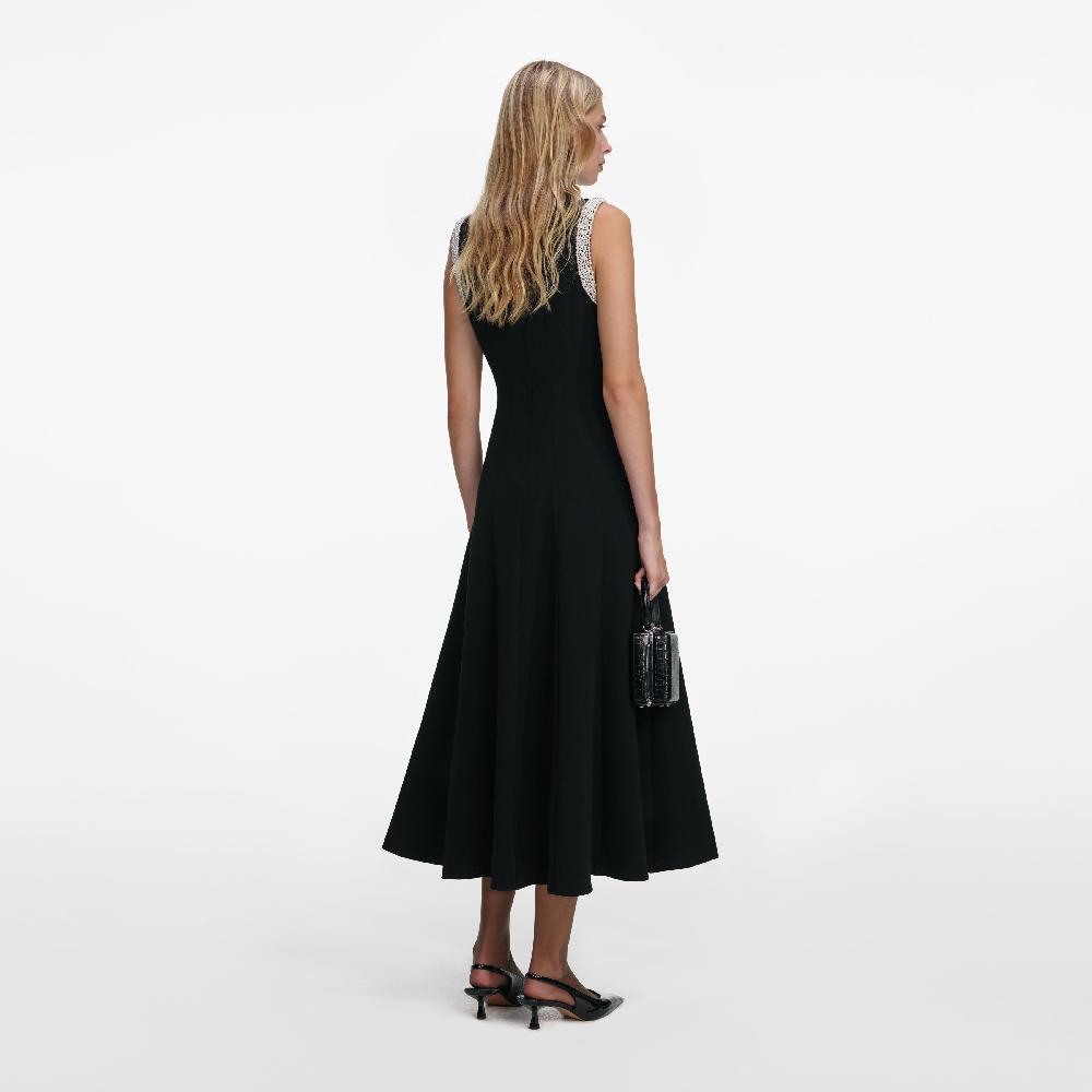 Self Portrait Black Crepe Pearl Trim Midi Dress CLOTHING