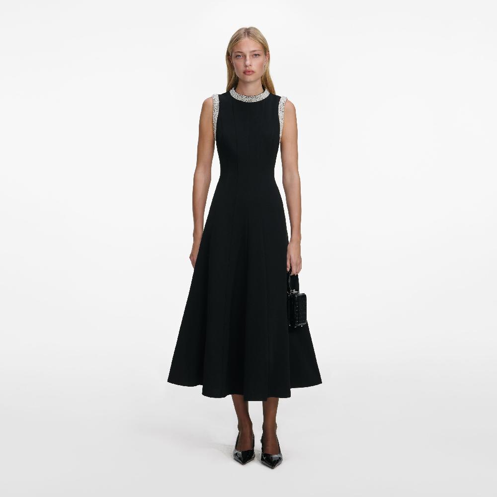self portrait Black Crepe Pearl Trim Midi Dress CLOTHING