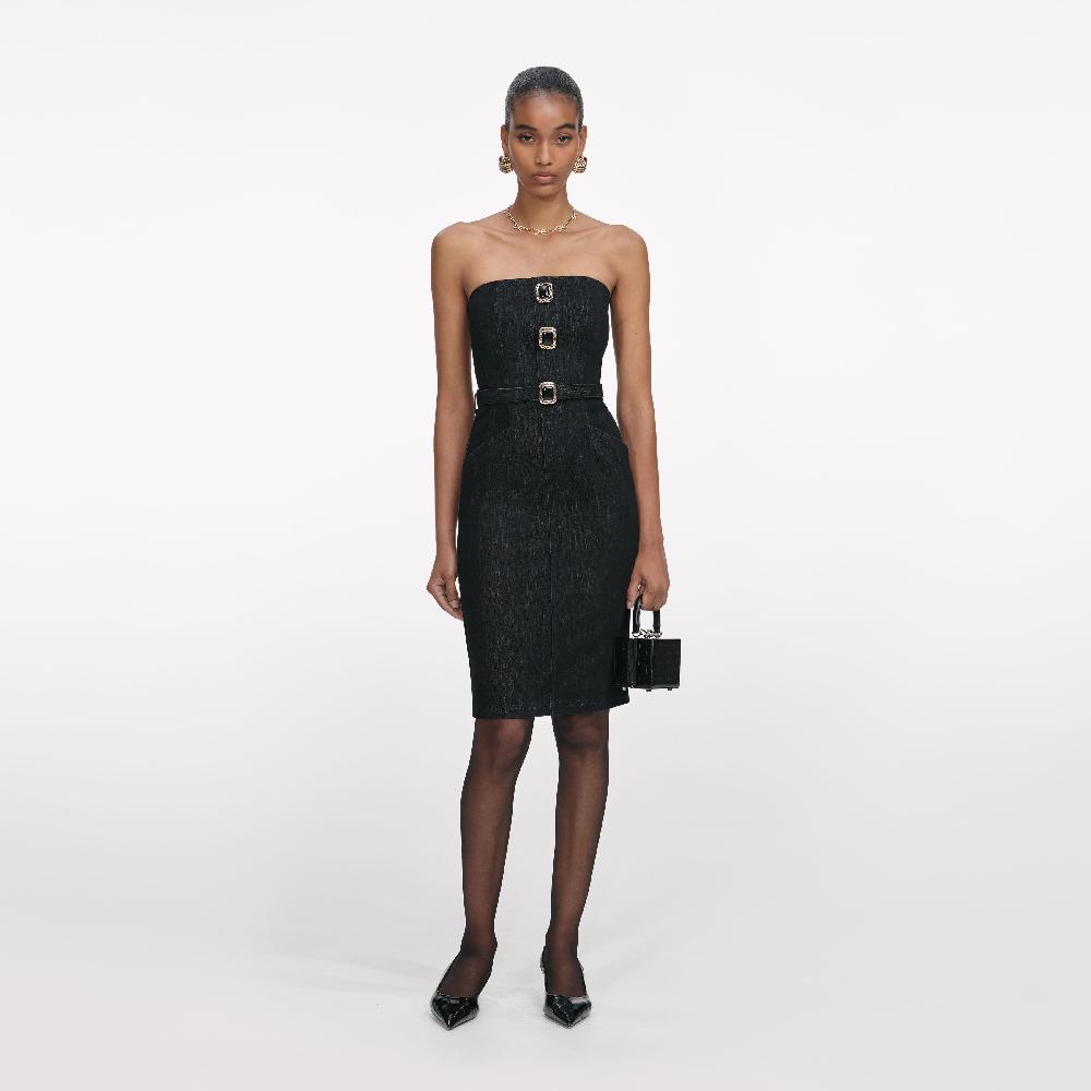 self portrait Black Denim Bandeau Midi Dress CLOTHING