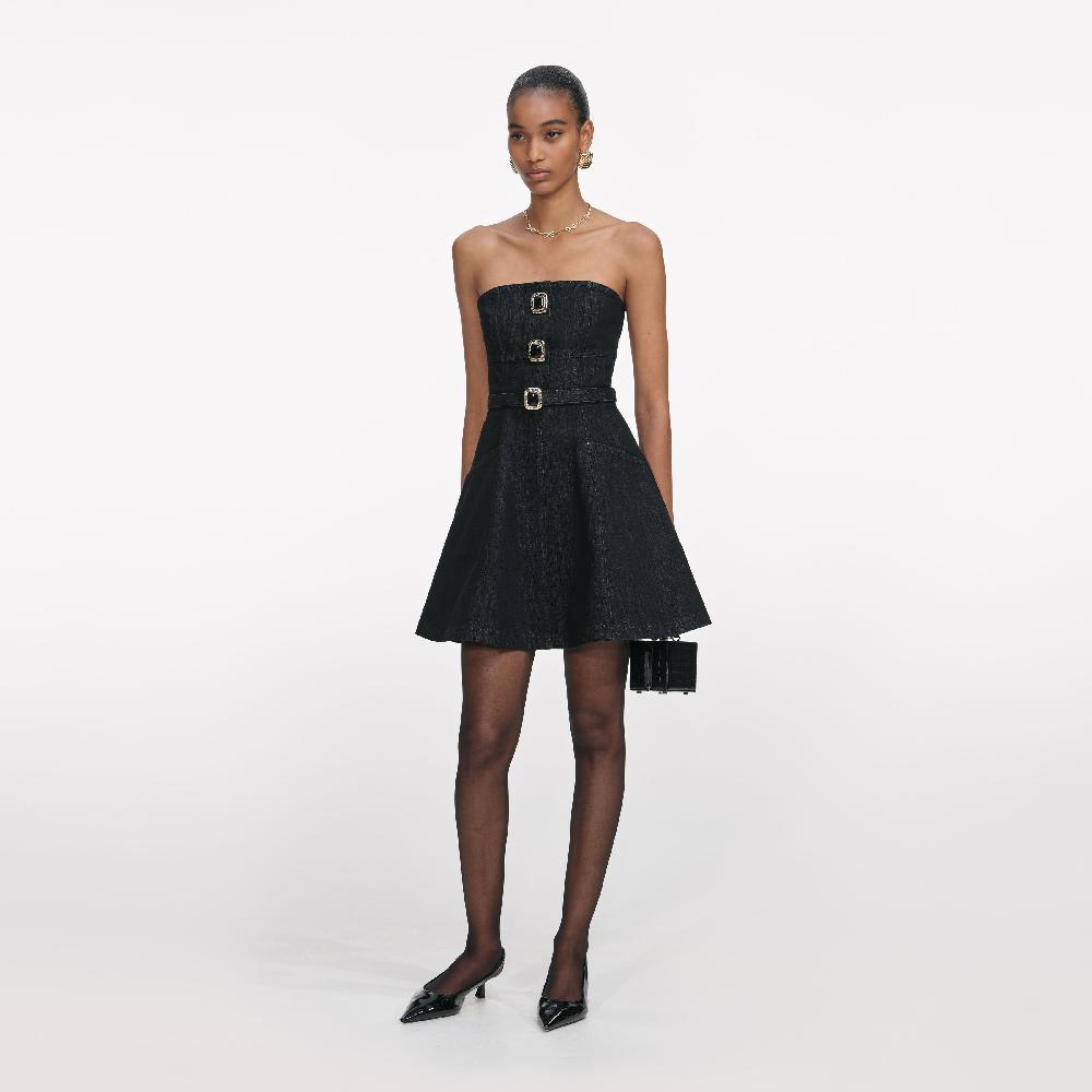 Self Portrait Black Denim Bandeau Mini Dress CLOTHING