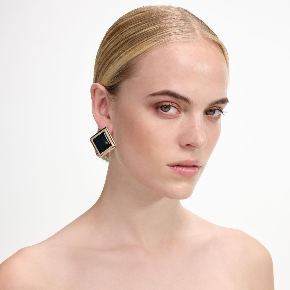 Self Portrait Black Enamel Gold Square Earrings JEWELLERY
