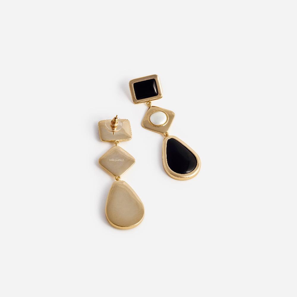 Self Portrait Black Enamel Gold Three Tiered Earrings JEWELLERY