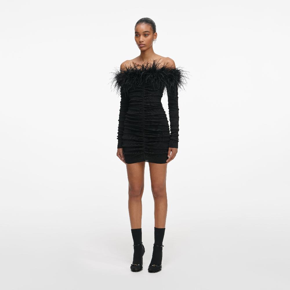 Self Portrait Black Feather Viscose Knit Mini Dress CLOTHING