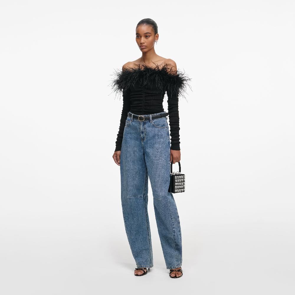 Self Portrait Black Feather Viscose Knit Top CLOTHING