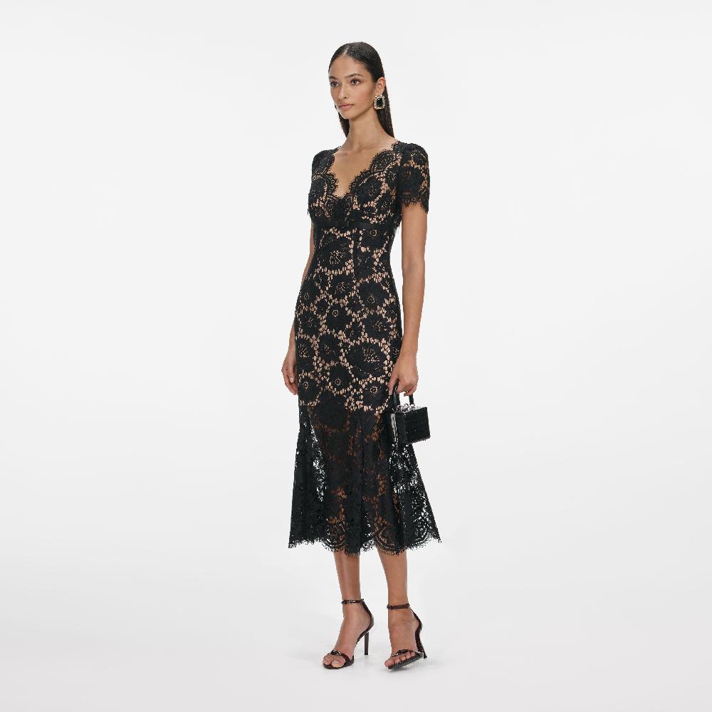 Self Portrait Black Floral Lace Midi Dress CLOTHING