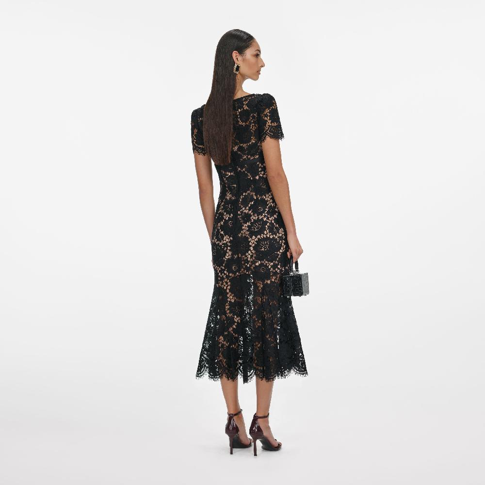 Self Portrait Black Floral Lace Midi Dress CLOTHING