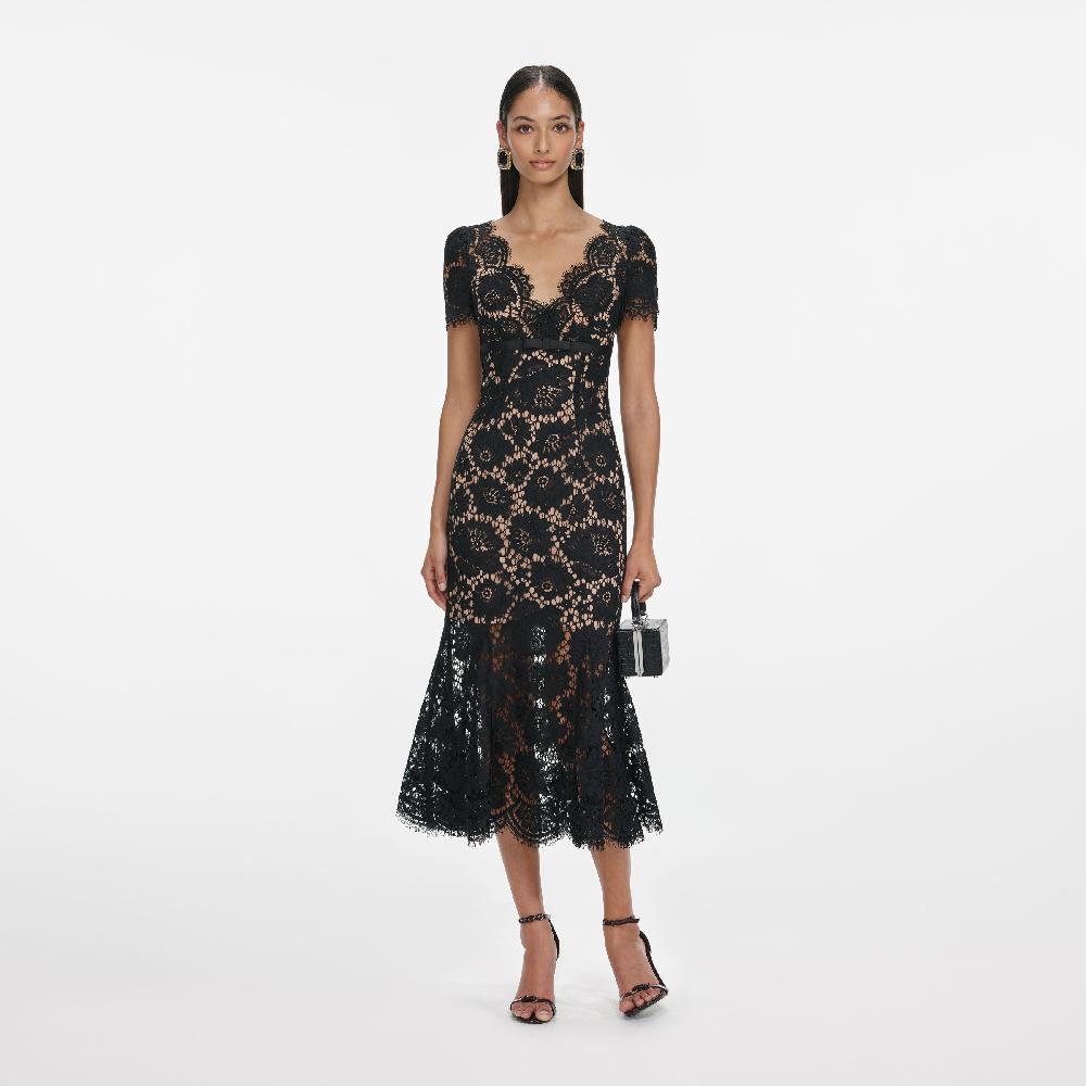 self portrait Black Floral Lace Midi Dress CLOTHING