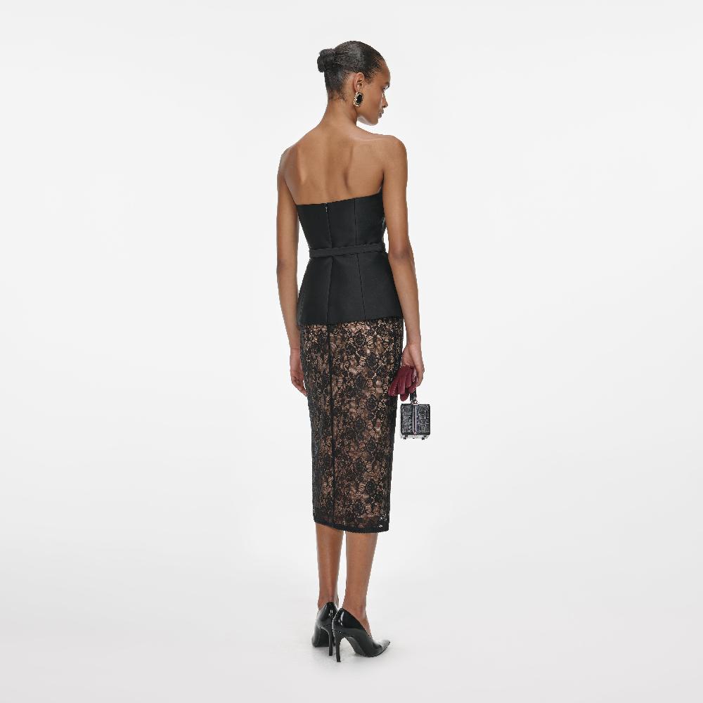 Self Portrait Black Floral Lace Midi Skirt CLOTHING