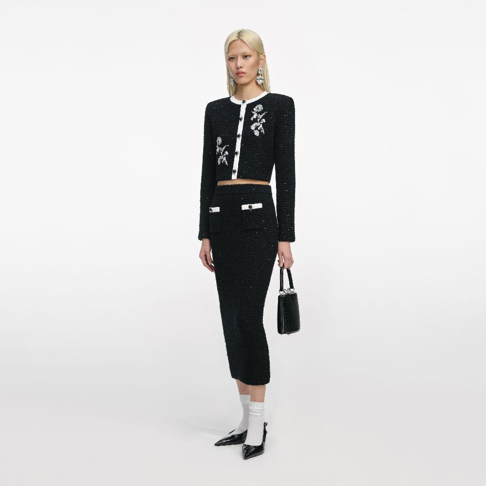 Self Portrait Black Floral Textured Knit Jacket CLOTHING