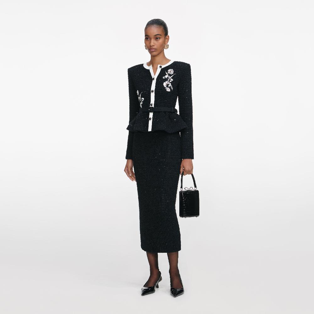 Self Portrait Black Floral Textured Knit Midi Dress CLOTHING