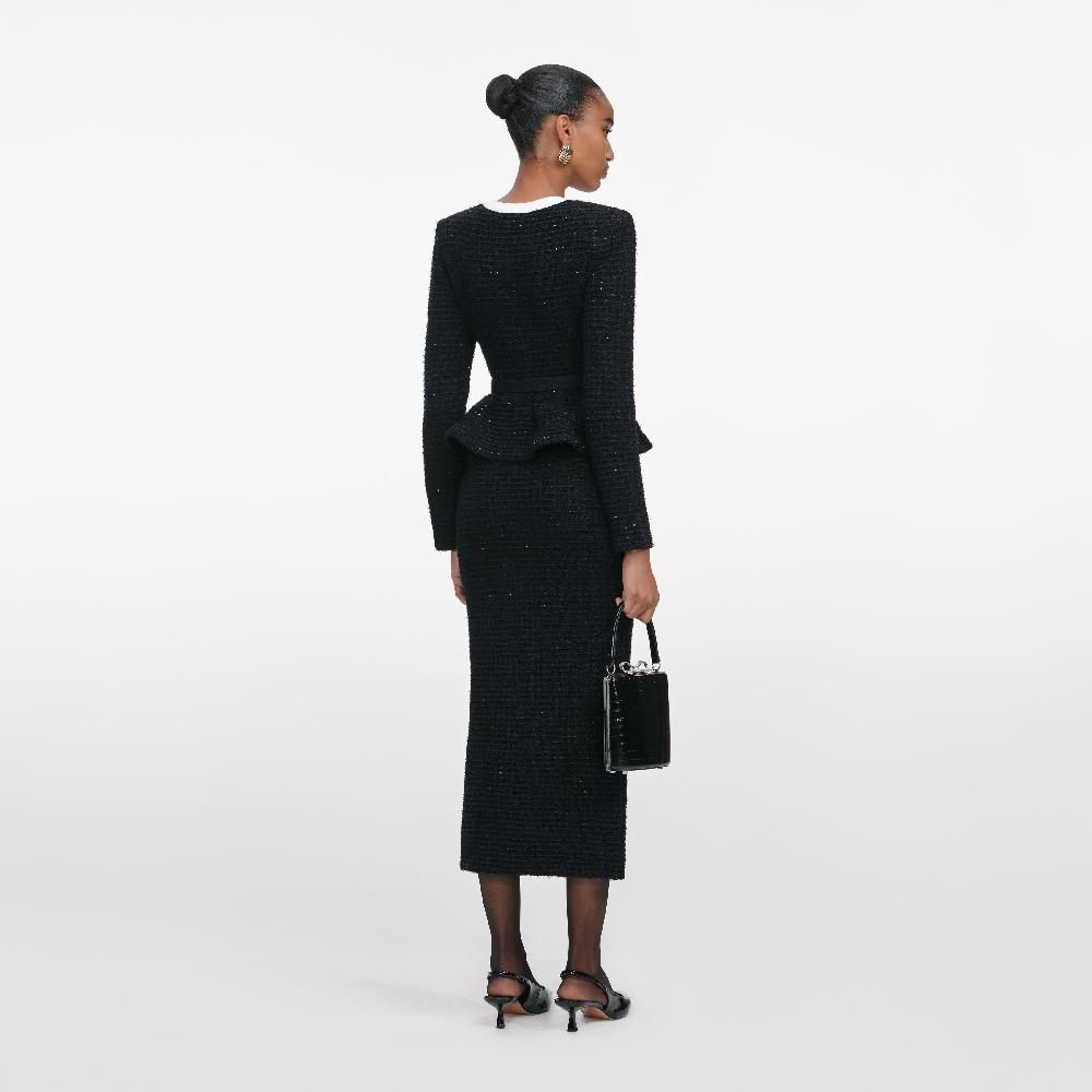 Self Portrait Black Floral Textured Knit Midi Dress CLOTHING