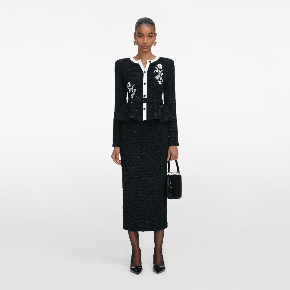 self portrait Black Floral Textured Knit Midi Dress CLOTHING