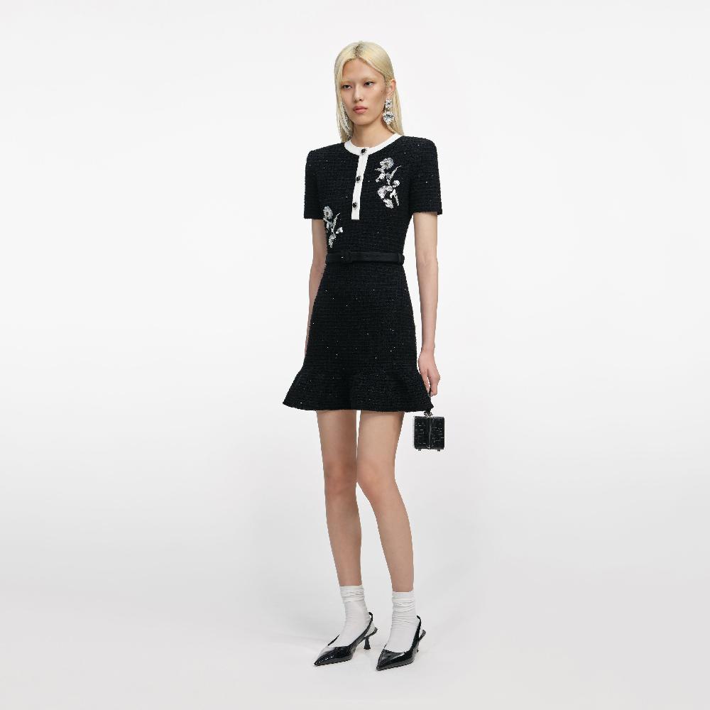 Self Portrait Black Floral Textured Knit Mini Dress CLOTHING