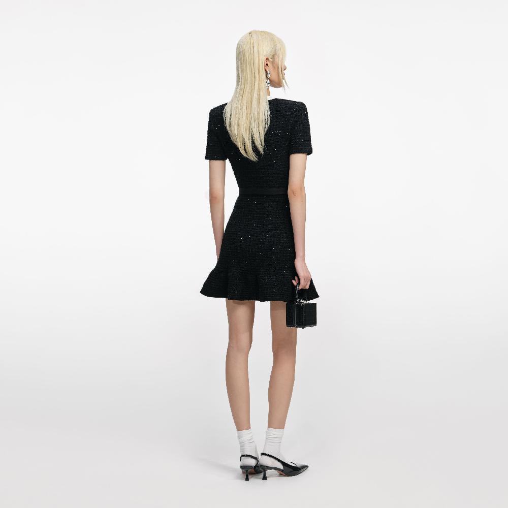 Self Portrait Black Floral Textured Knit Mini Dress CLOTHING