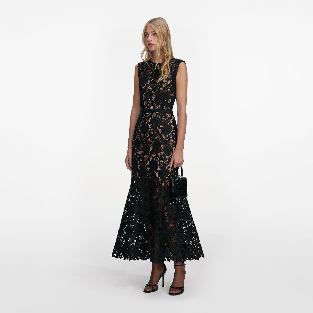 Self Portrait Black Guipure Lace Midi Dress CLOTHING