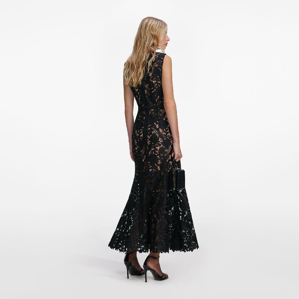 Self Portrait Black Guipure Lace Midi Dress CLOTHING