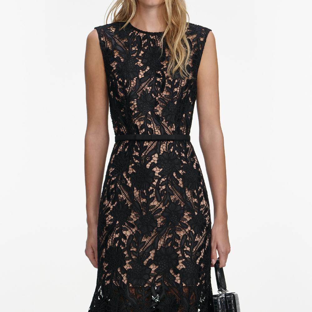 Self Portrait Black Guipure Lace Midi Dress CLOTHING