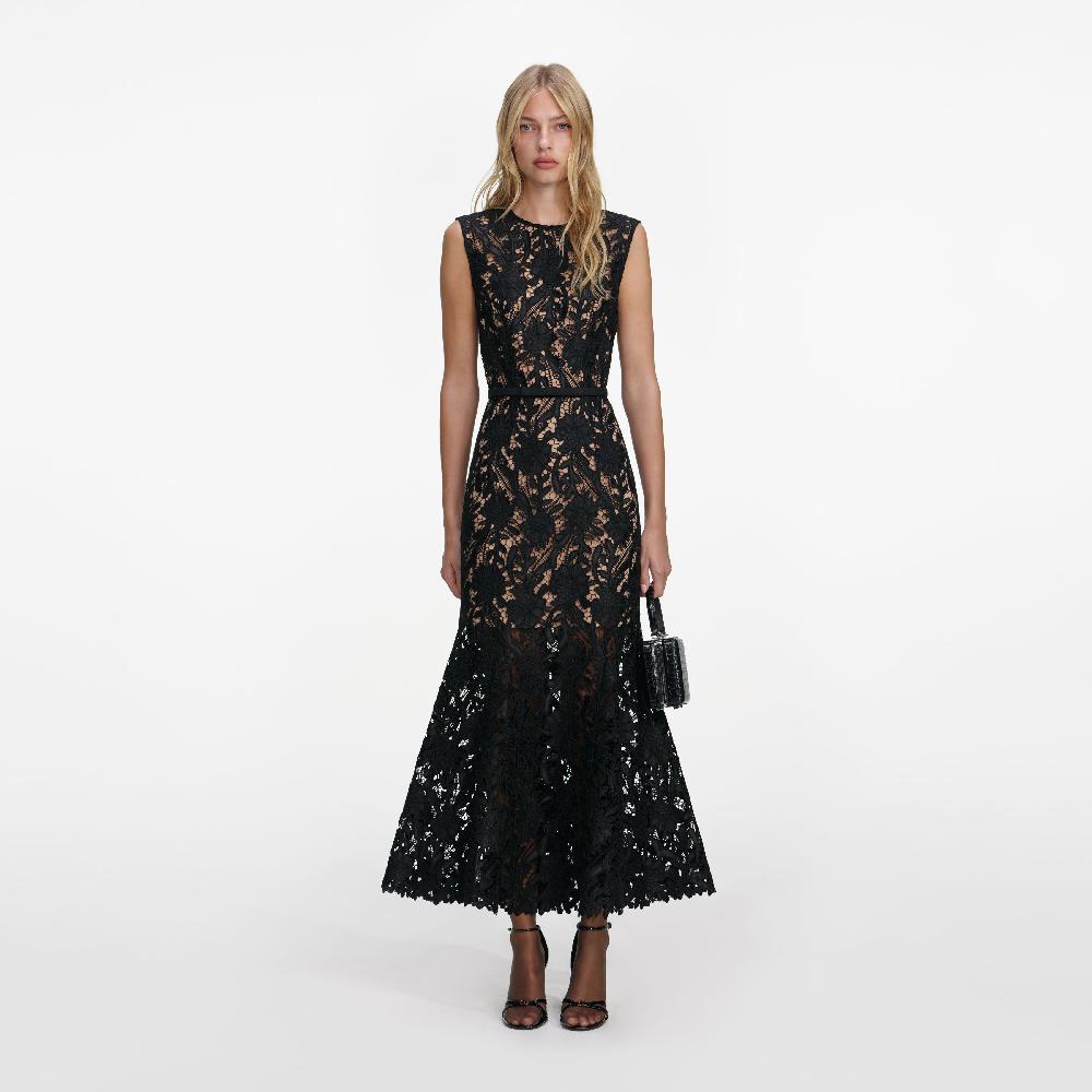 self portrait Black Guipure Lace Midi Dress CLOTHING