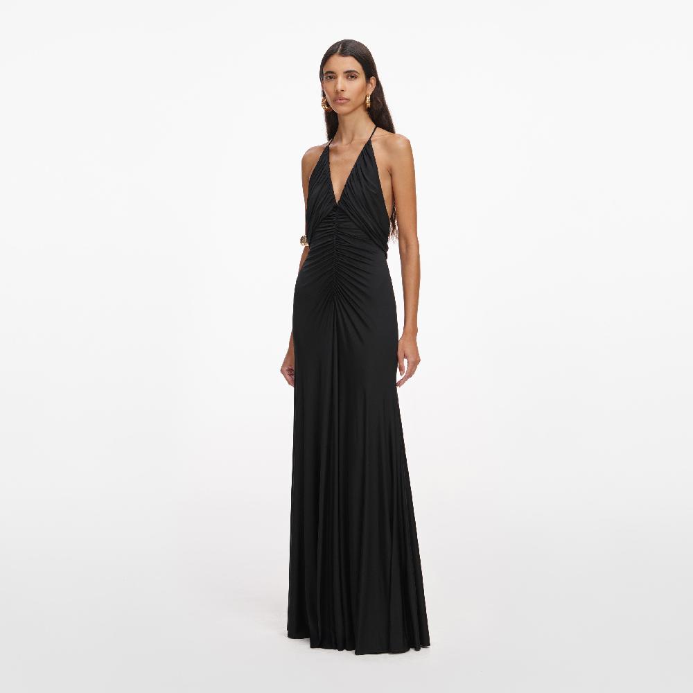 Self Portrait Black Jersey Gathered Maxi Dress CLOTHING