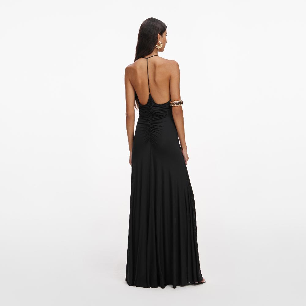 Self Portrait Black Jersey Gathered Maxi Dress CLOTHING