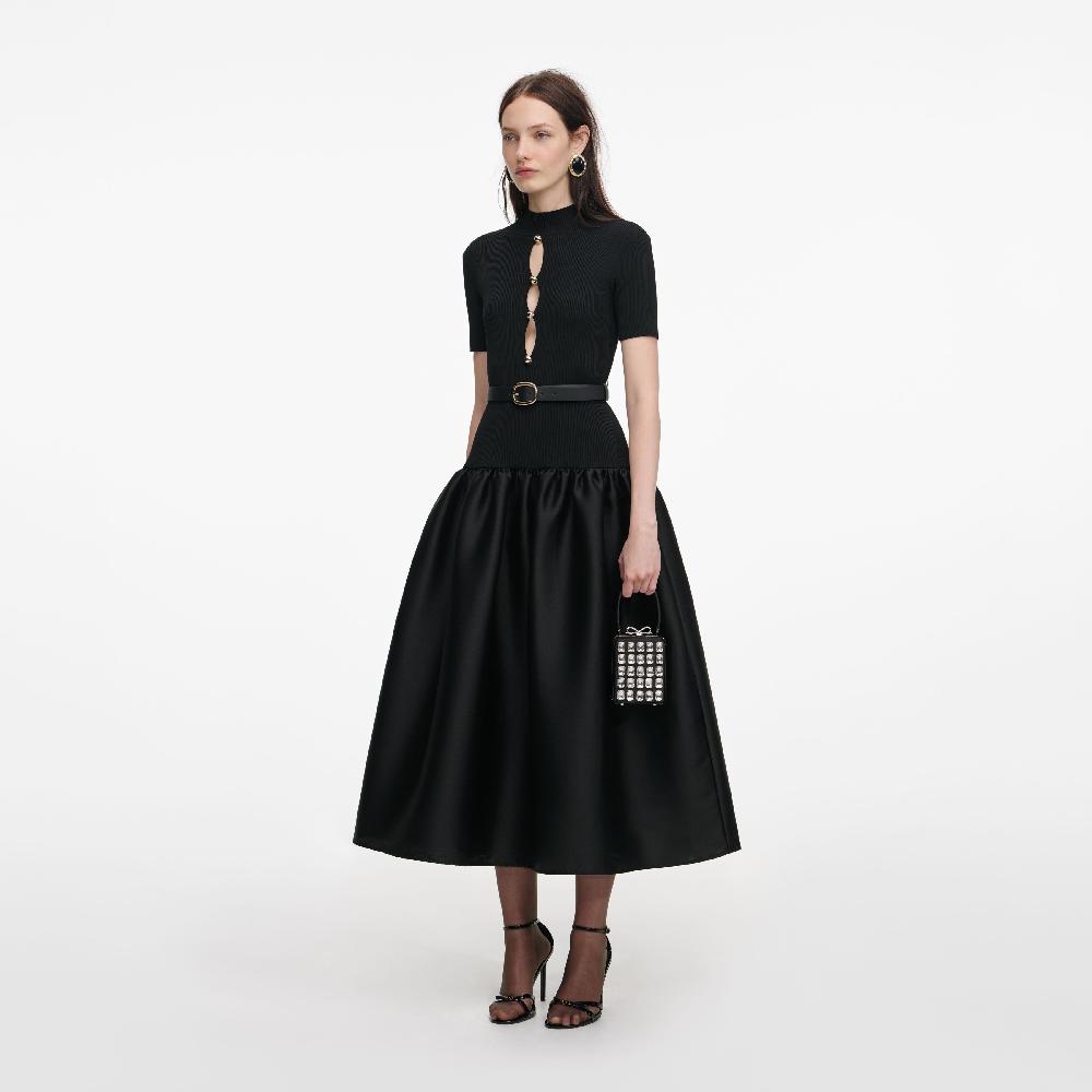 Self Portrait Black Knit Taffeta Midi Dress CLOTHING