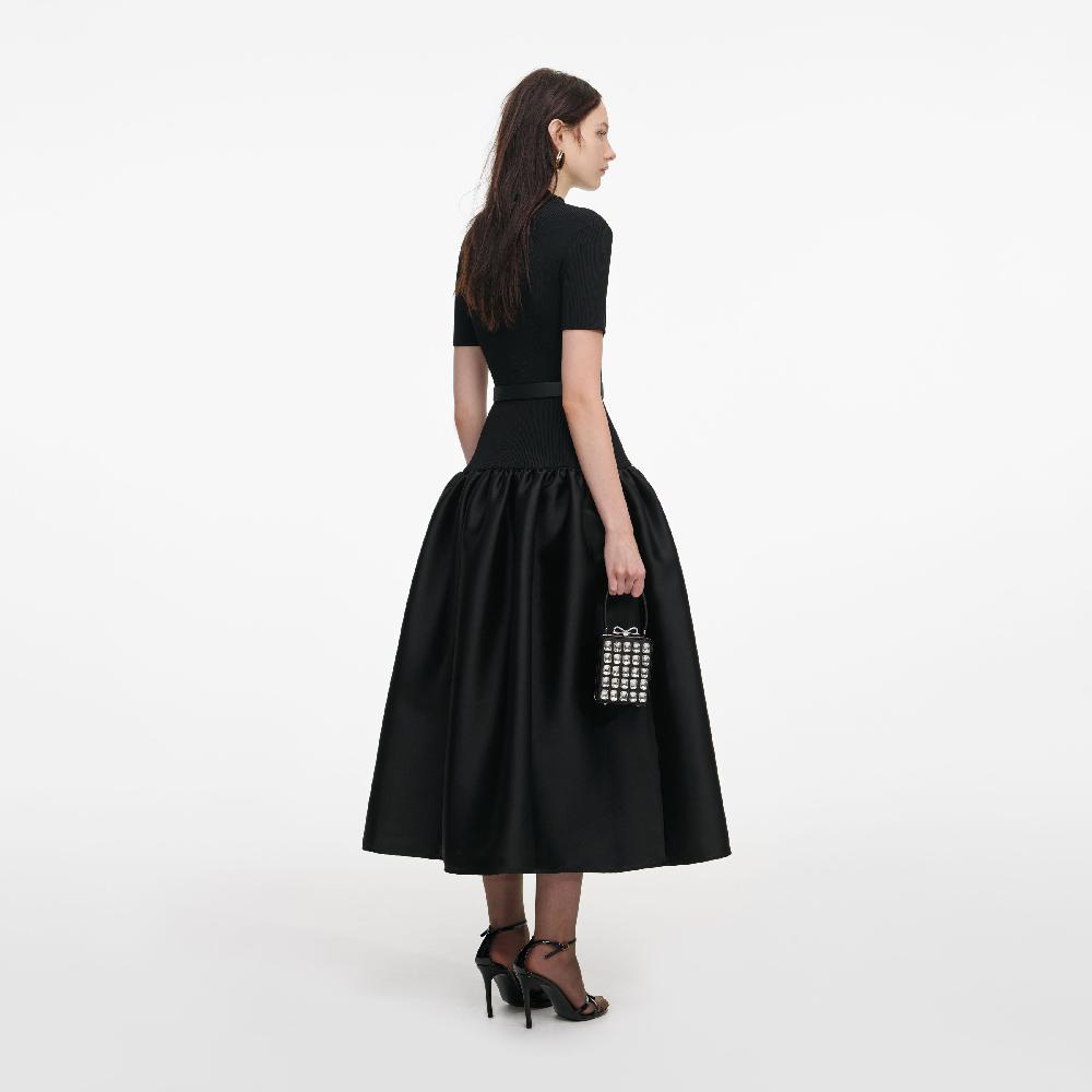 Self Portrait Black Knit Taffeta Midi Dress CLOTHING