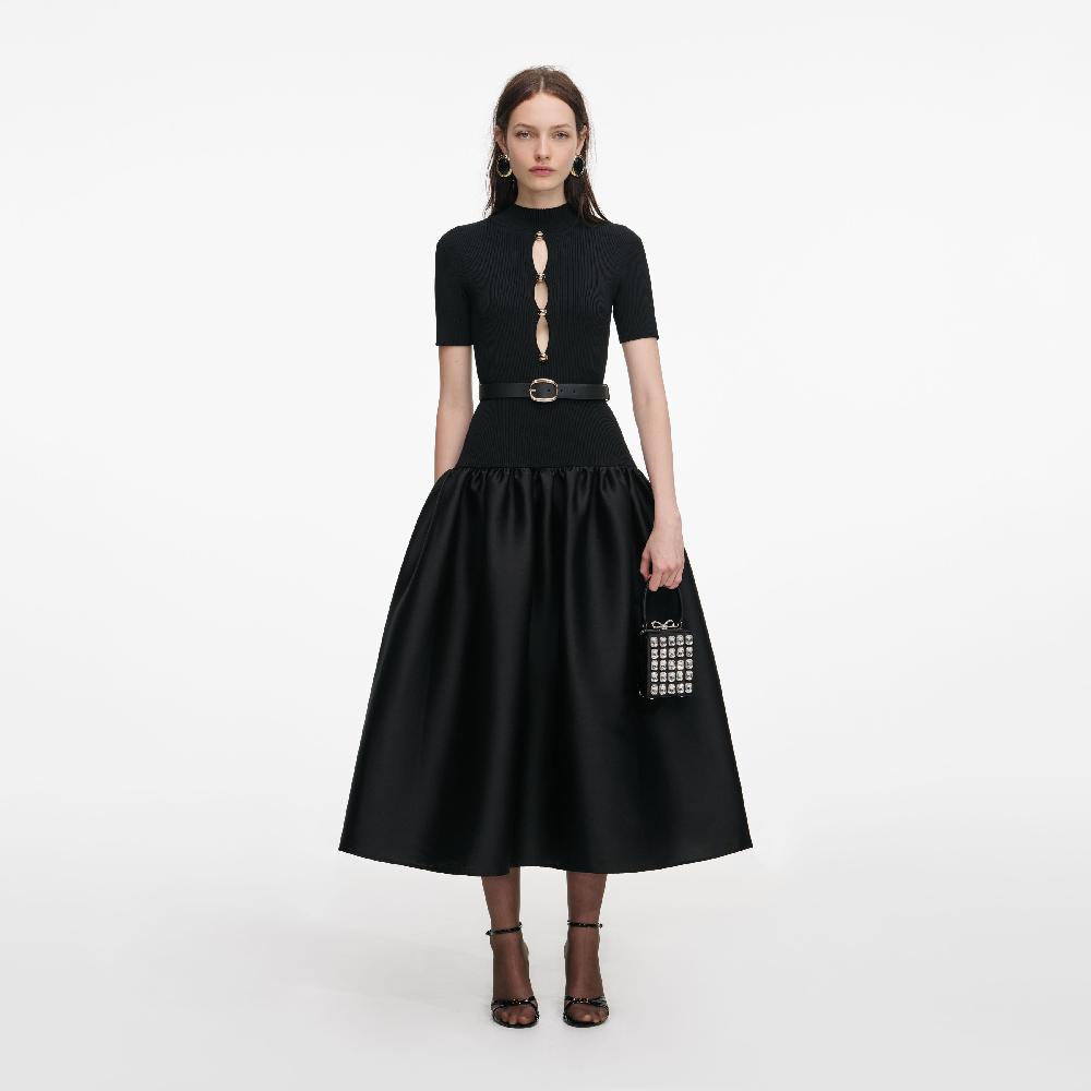 self portrait Black Knit Taffeta Midi Dress CLOTHING