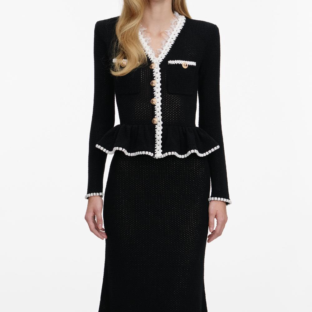 Self Portrait Black Lace Insert Peplum Knit Midi Dress CLOTHING