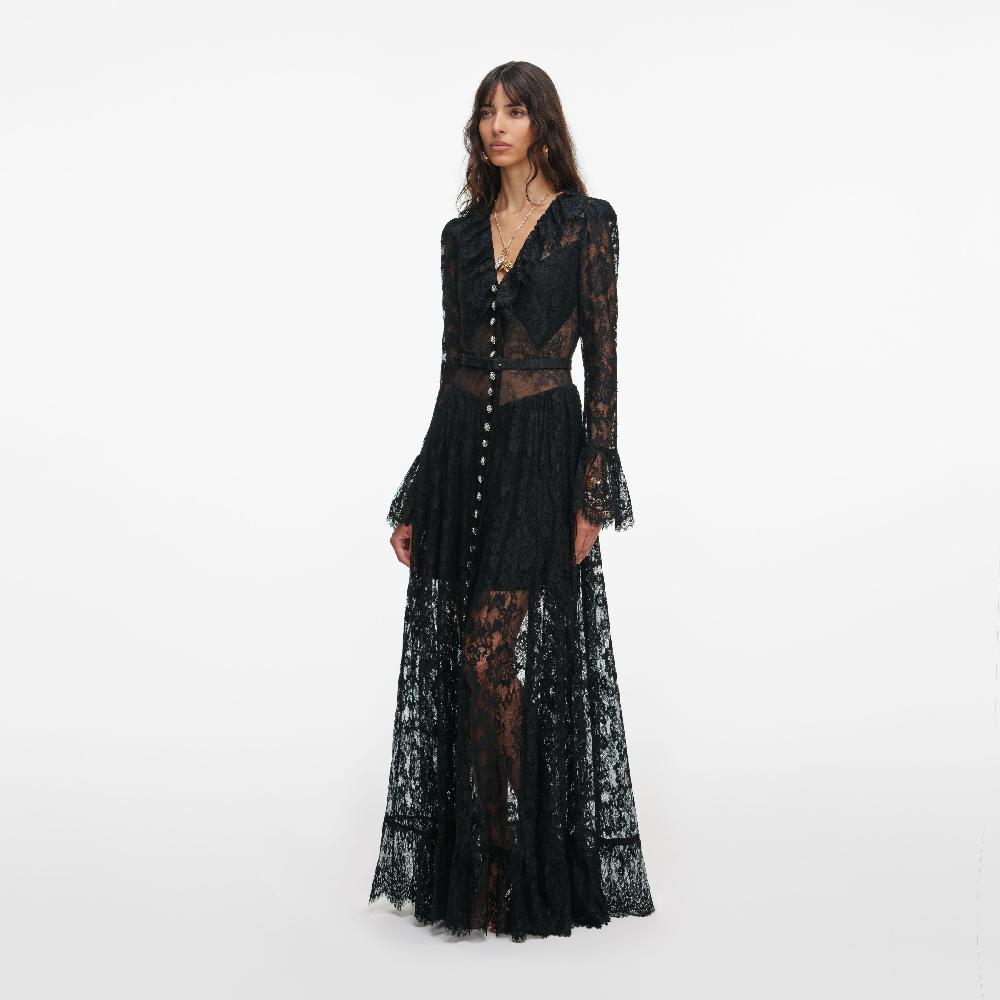 Self Portrait Black Lace Ruffle Maxi Dress CLOTHING