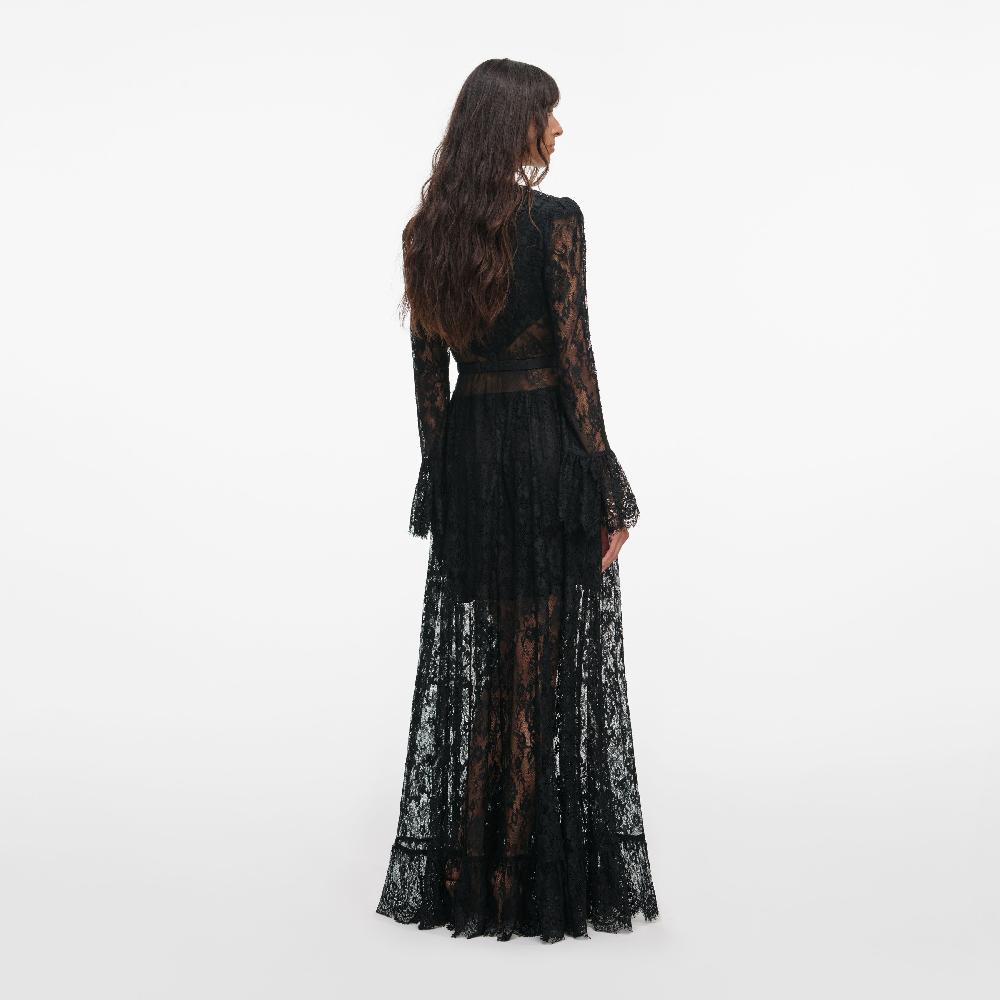 Self Portrait Black Lace Ruffle Maxi Dress CLOTHING