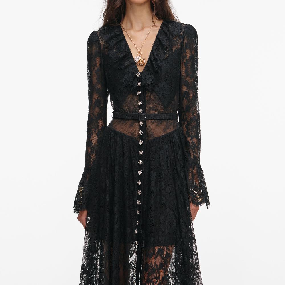 Self Portrait Black Lace Ruffle Maxi Dress CLOTHING