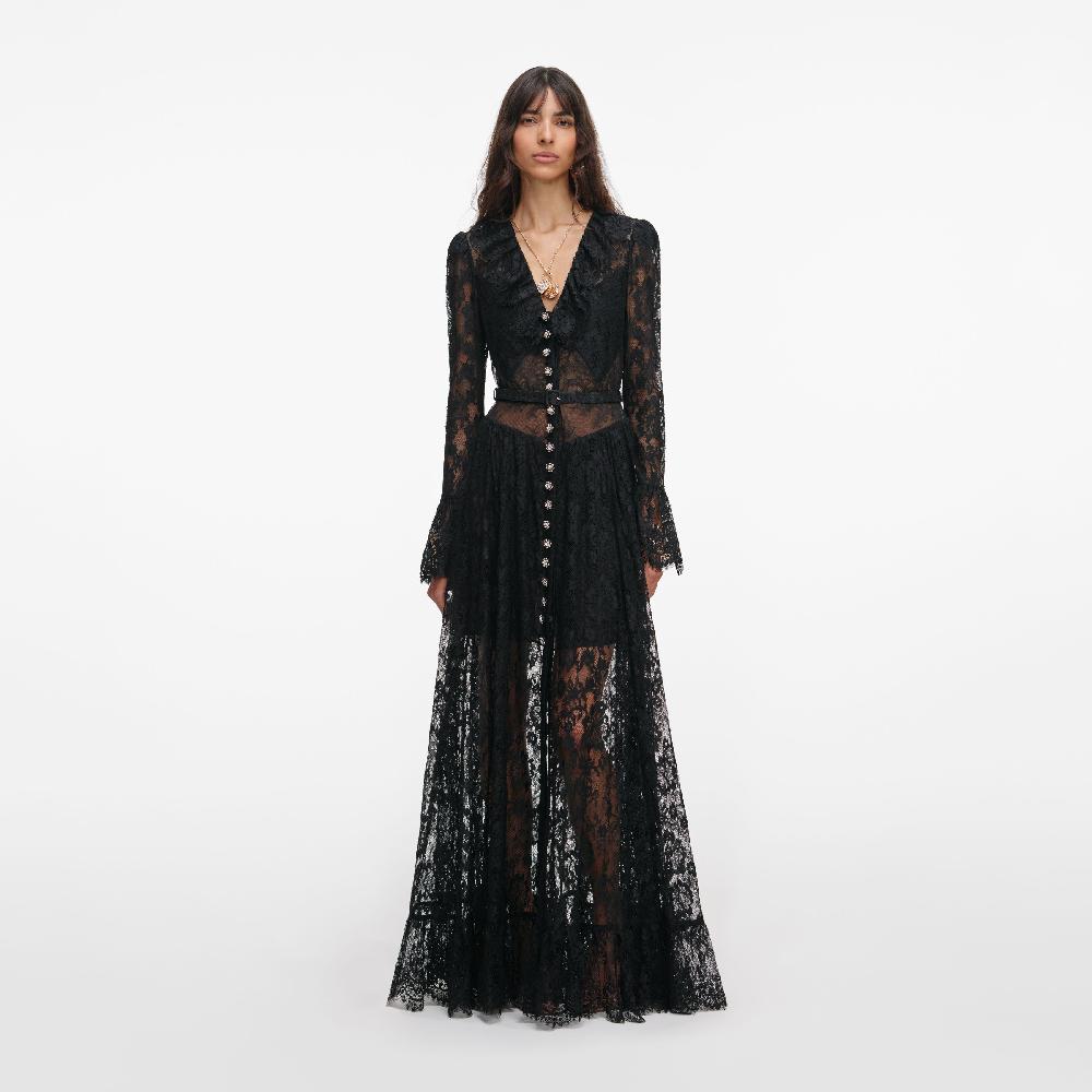 self portrait Black Lace Ruffle Maxi Dress CLOTHING