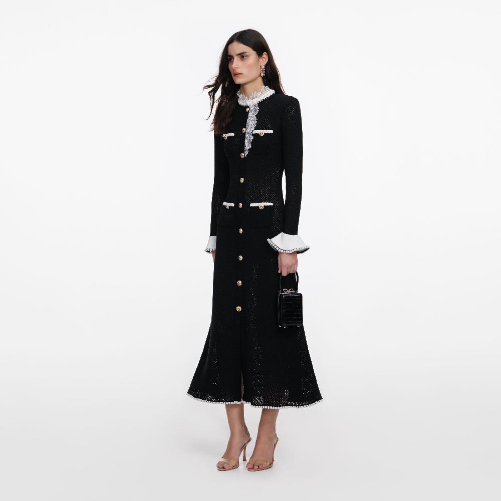 Self Portrait Black Lace Trim Knit Midi Dress CLOTHING