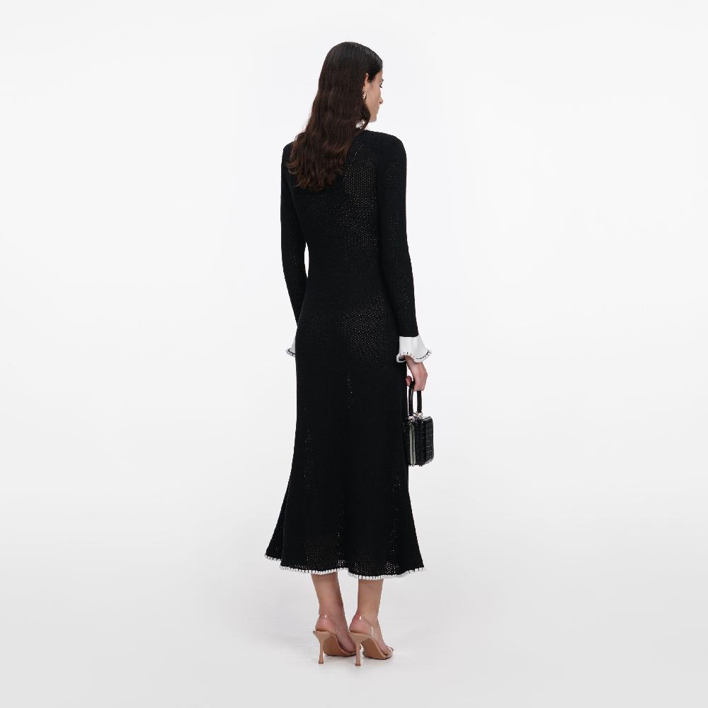 Self Portrait Black Lace Trim Knit Midi Dress CLOTHING