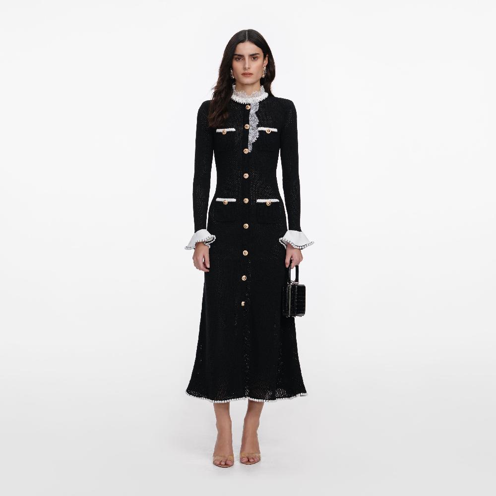 self portrait Black Lace Trim Knit Midi Dress CLOTHING