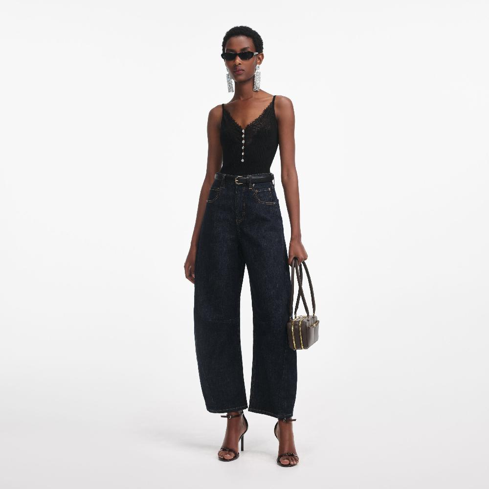 Self Portrait Black Lace Trim Rib Knit Top CLOTHING