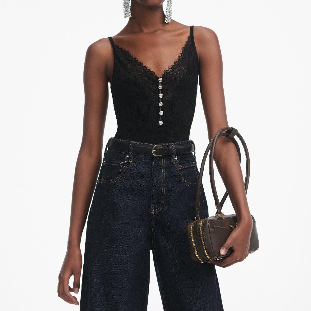 Self Portrait Black Lace Trim Rib Knit Top CLOTHING