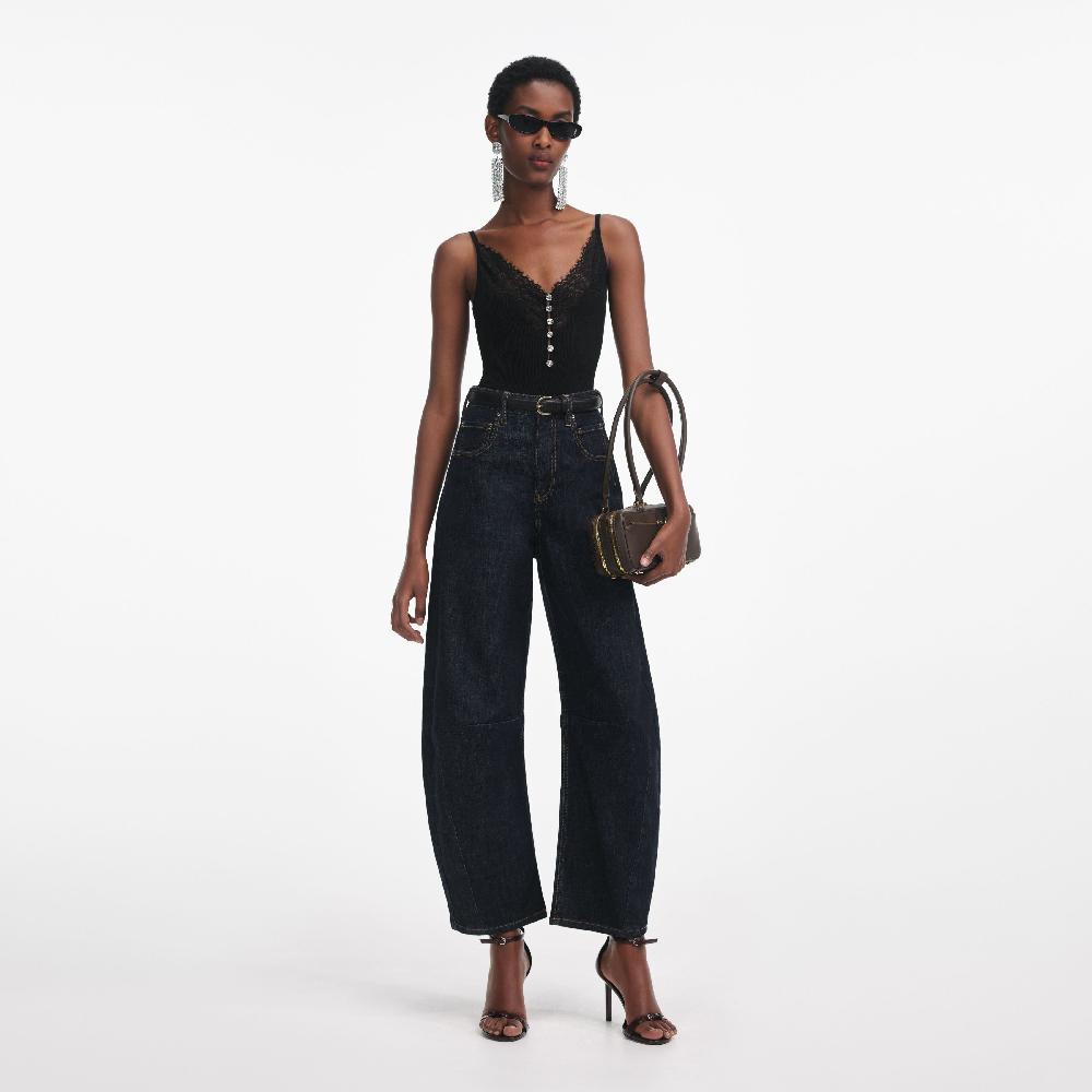 self portrait Black Lace Trim Rib Knit Top CLOTHING