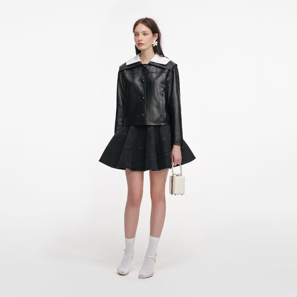 Self Portrait Black Leather Contrast Collar Jacket CLOTHING