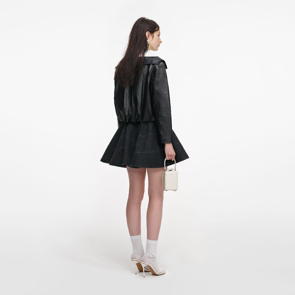 Self Portrait Black Leather Contrast Collar Jacket CLOTHING