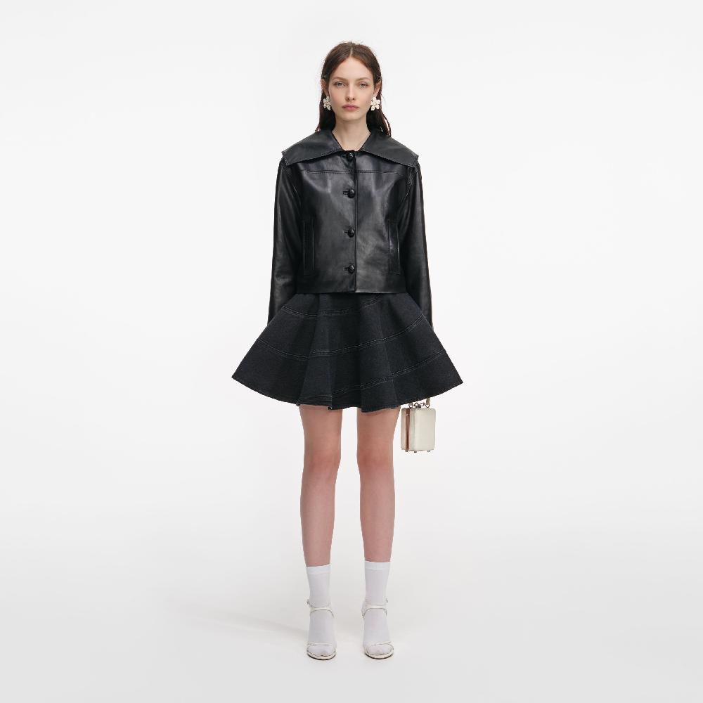 Self Portrait Black Leather Contrast Collar Jacket CLOTHING