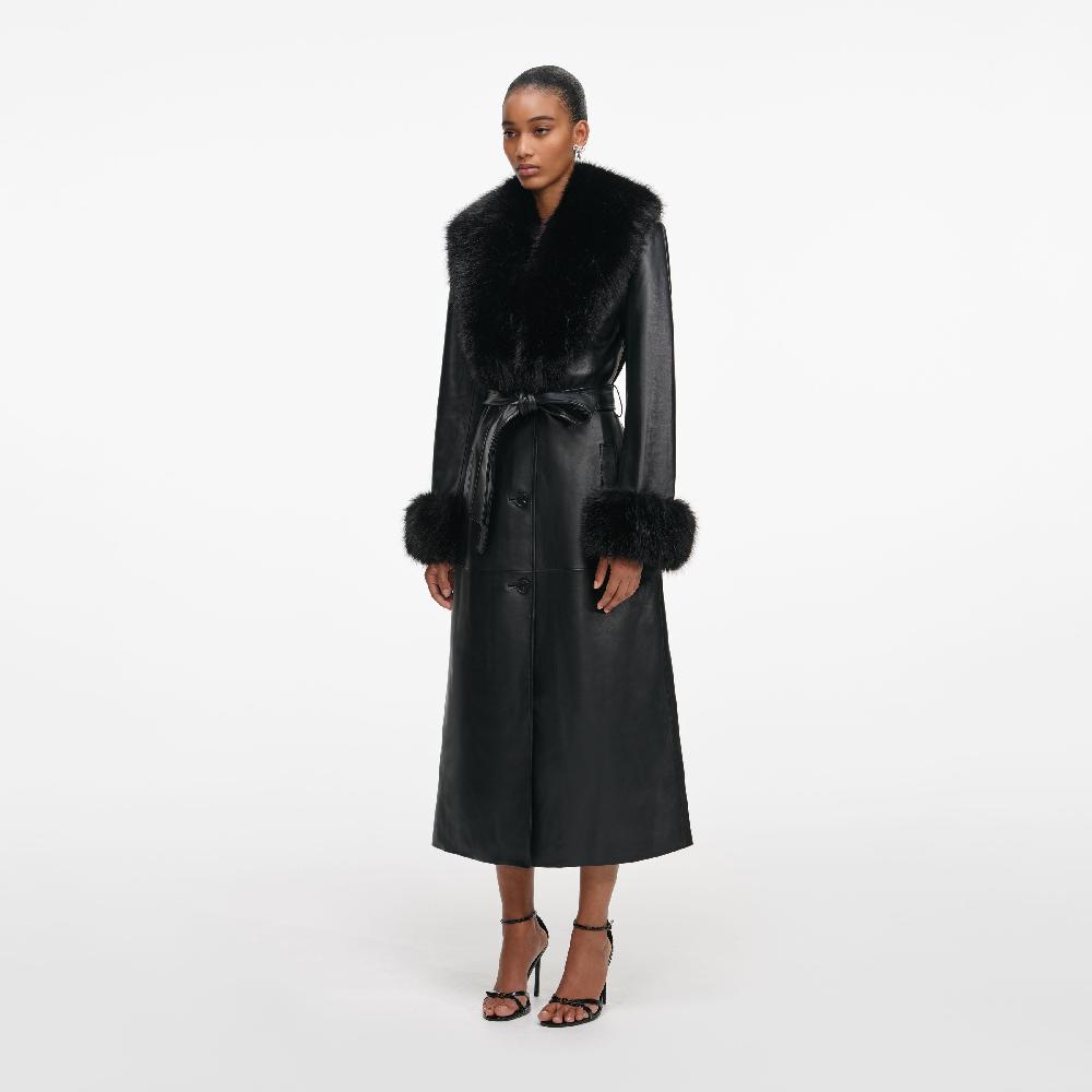 Self Portrait Black Leather Faux Fur Collared Coat CLOTHING