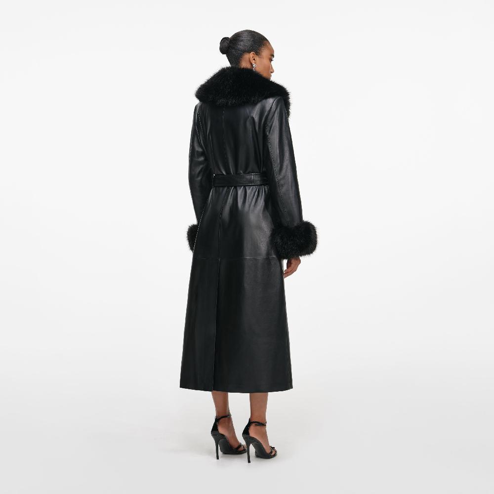 Self Portrait Black Leather Faux Fur Collared Coat CLOTHING
