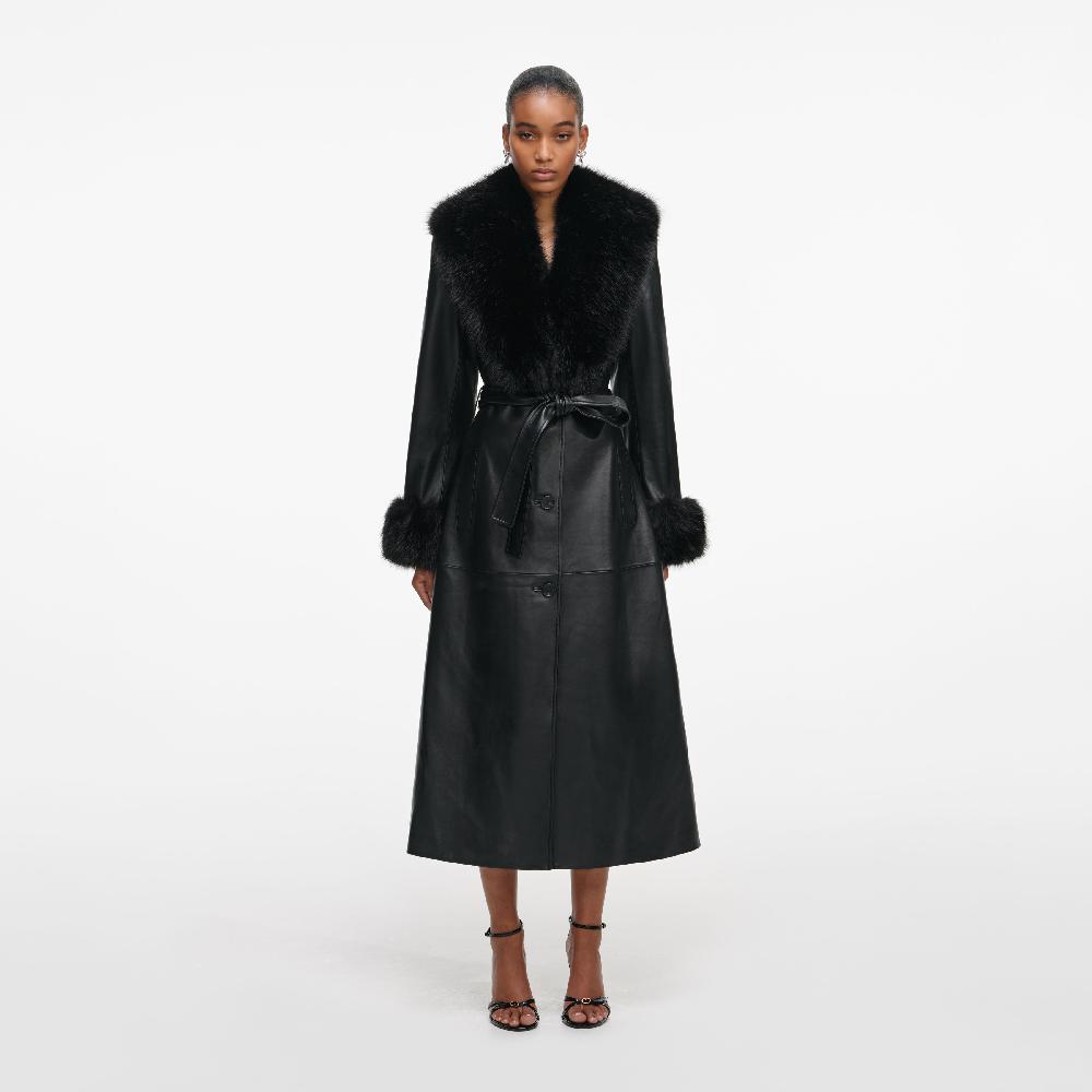 self portrait Black Leather Faux Fur Collared Coat CLOTHING