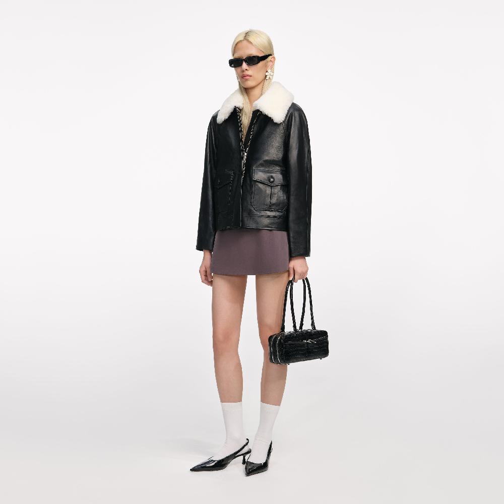 Self Portrait Black Leather Fur Collar Jacket CLOTHING