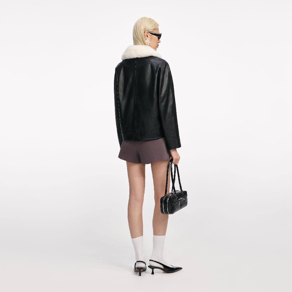 Self Portrait Black Leather Fur Collar Jacket CLOTHING