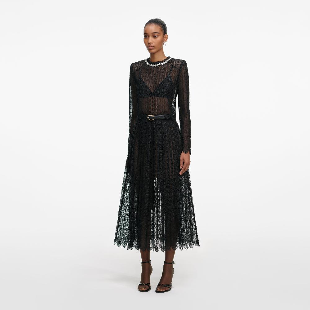 Self Portrait Black Organza Lace Midi Skirt CLOTHING