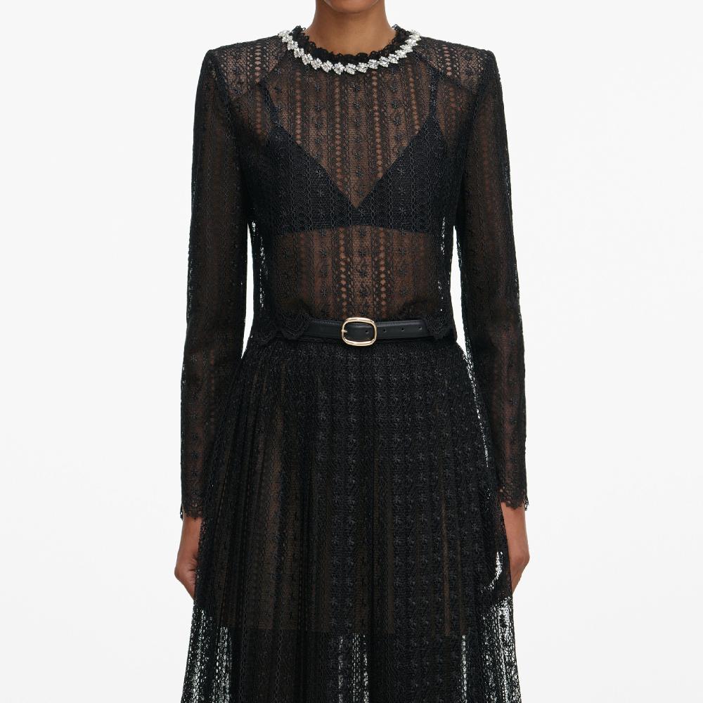 Self Portrait Black Organza Lace Midi Skirt CLOTHING