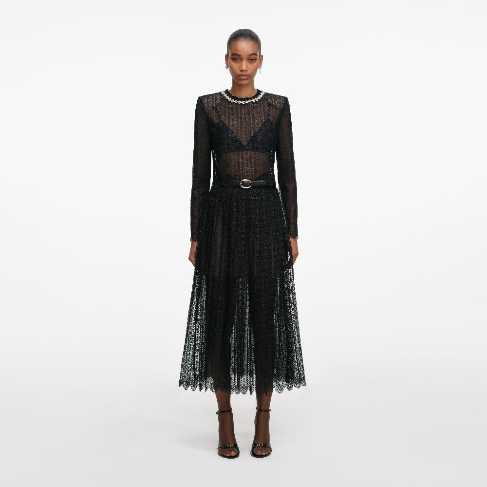self portrait Black Organza Lace Midi Skirt CLOTHING