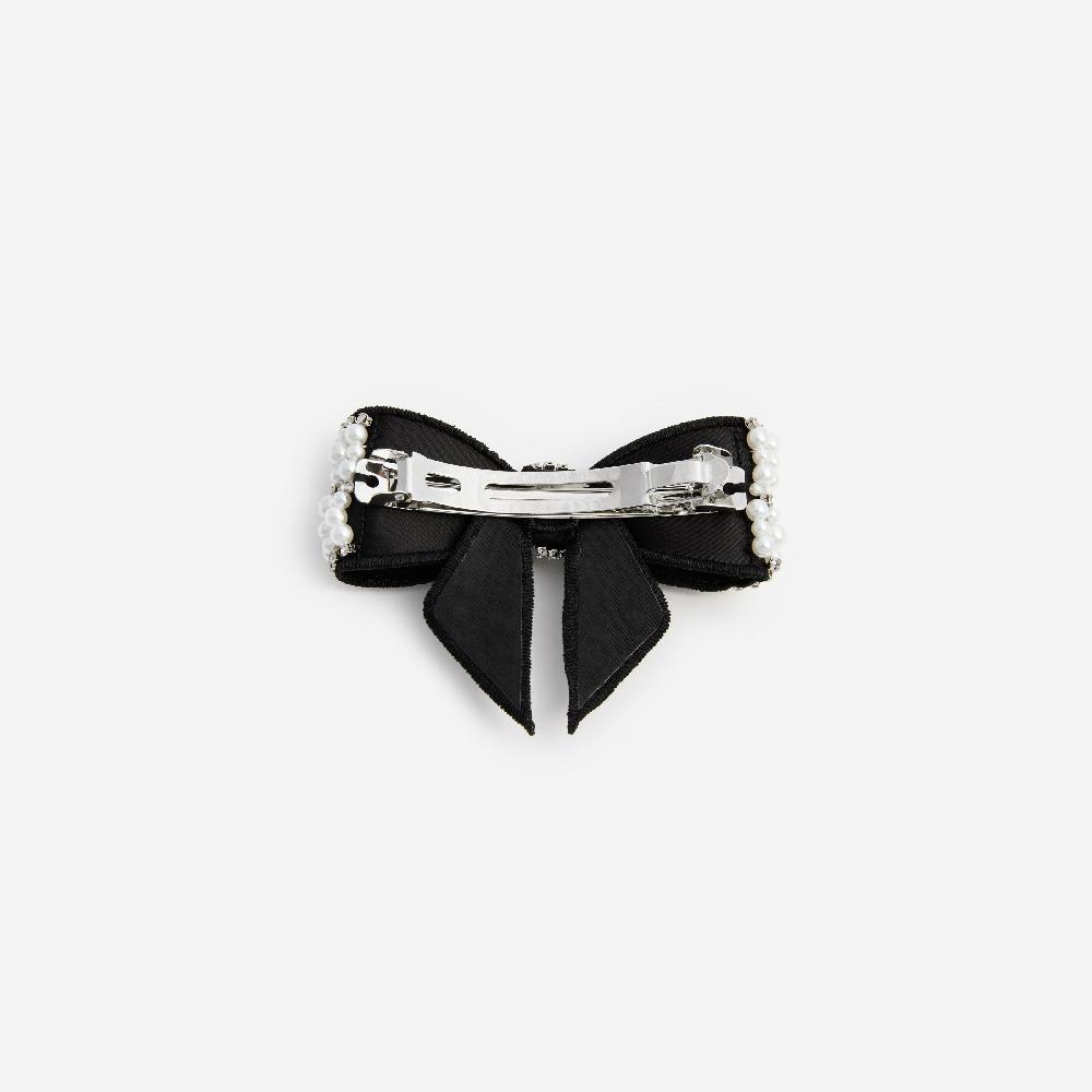 Self Portrait Black Pearl Satin Bow Hairclip JEWELLERY
